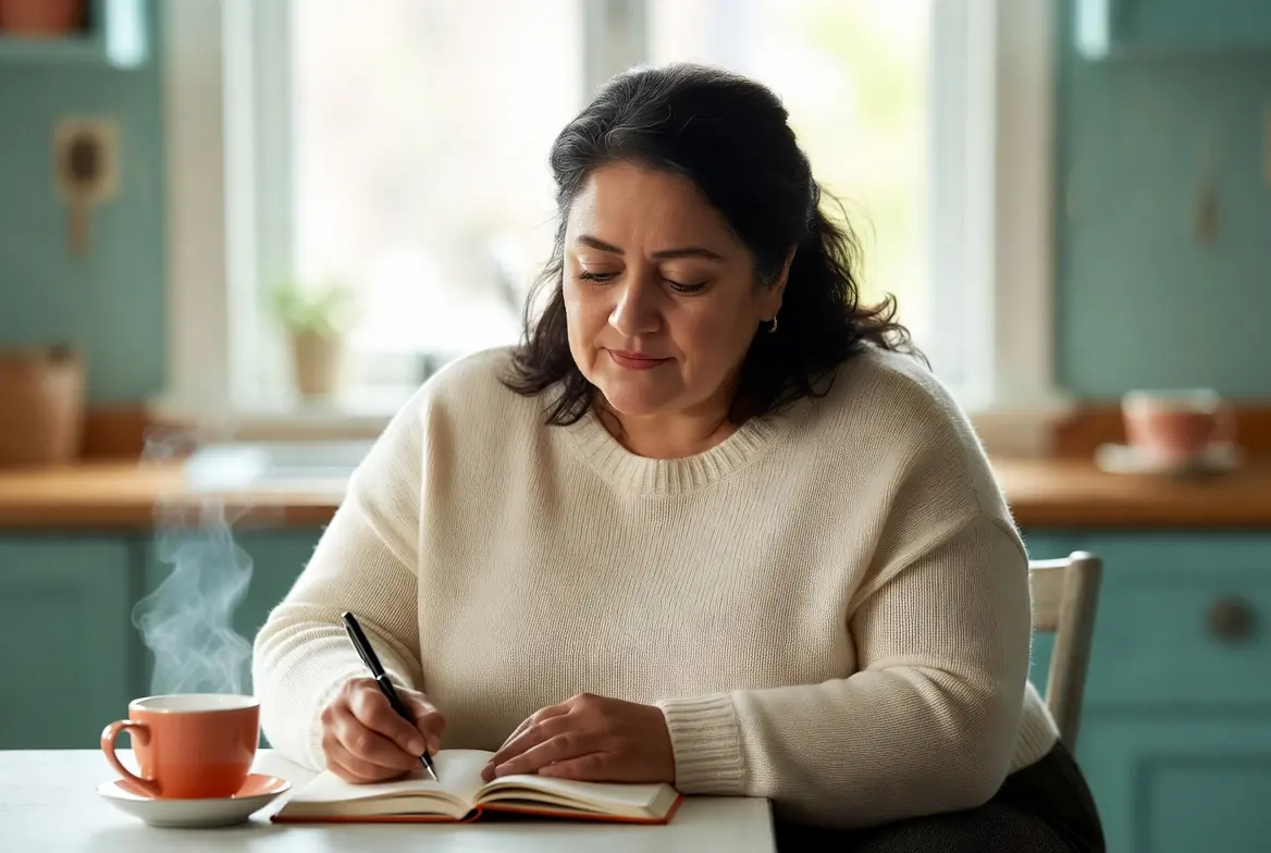 Woman journaling a bladder diary at home, a small win rebuilding confidence