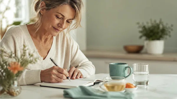 Woman writing in a bladder diary notebook at a kitchen table with tea