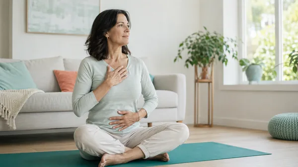 Woman over 50 doing gentle pelvic floor exercise on a yoga mat at home