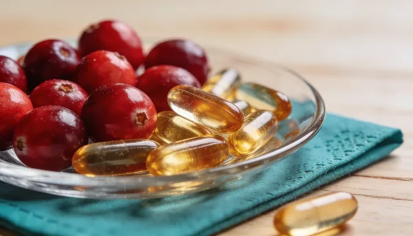 Fresh cranberries beside standardized cranberry PAC capsules