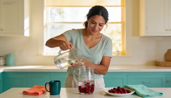 Woman filling a pitcher with water and cranberries in a kitchen