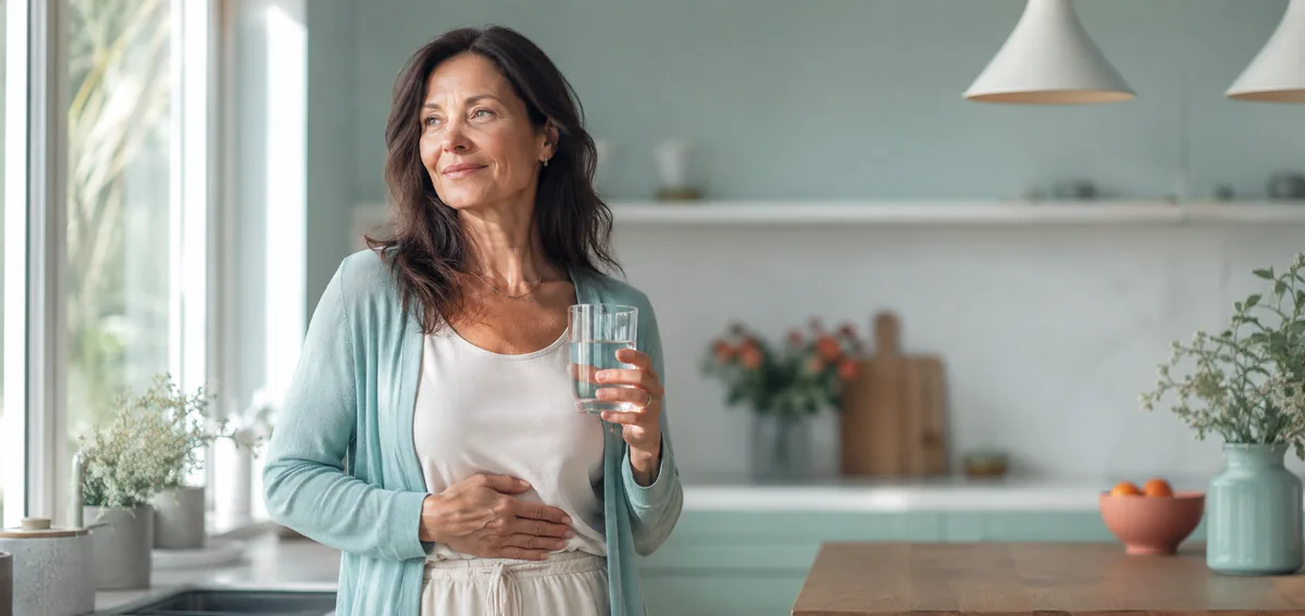 Woman in her fifties holding a glass of water in a calm kitchen, reflecting on menopause and bladder health