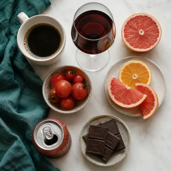 Flat lay of common bladder-irritant foods and drinks