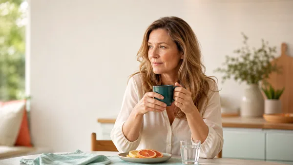 Woman pausing with a cup of coffee at a bright kitchen table