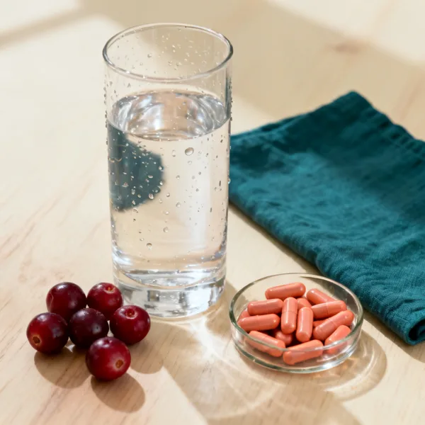 Glass of water beside fresh cranberries and cranberry capsules