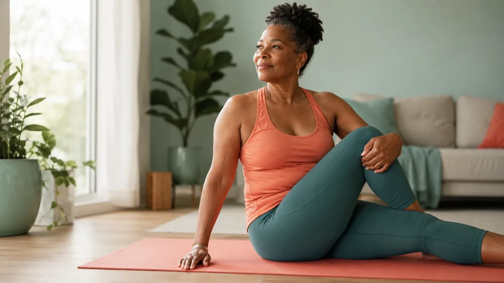 Woman over 50 doing gentle pelvic-floor-friendly exercise at home for menopause bladder health