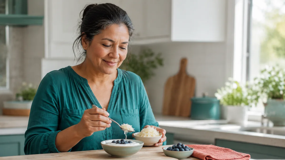 Woman preparing probiotic-rich yogurt and fermented foods to support the urinary microbiome