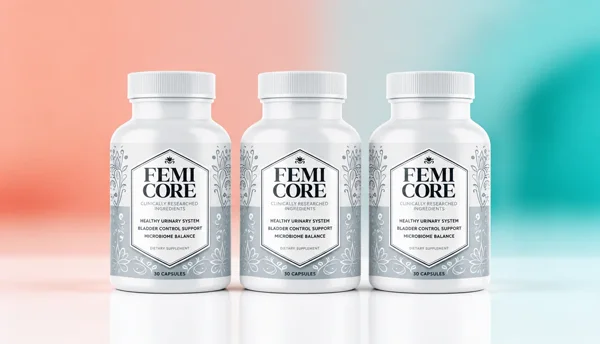 Three FemiCore bottles, our number one rated bladder health supplement