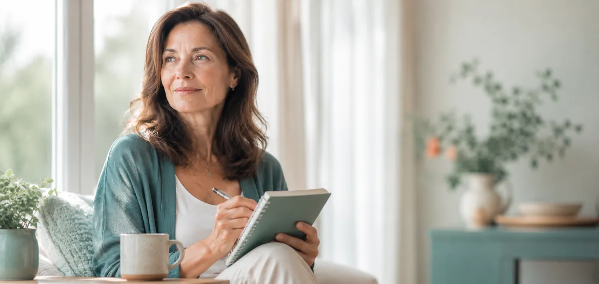 Woman writing in a bladder diary by a window to tell stress vs urge incontinence apart