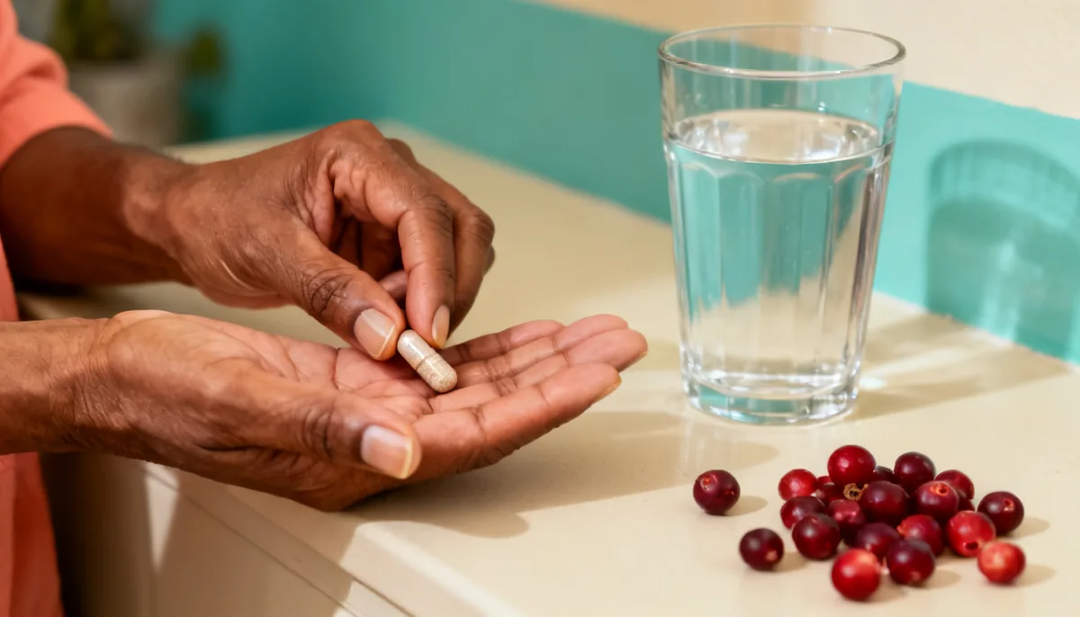 Hand holding a single cranberry supplement capsule with water and fresh cranberries