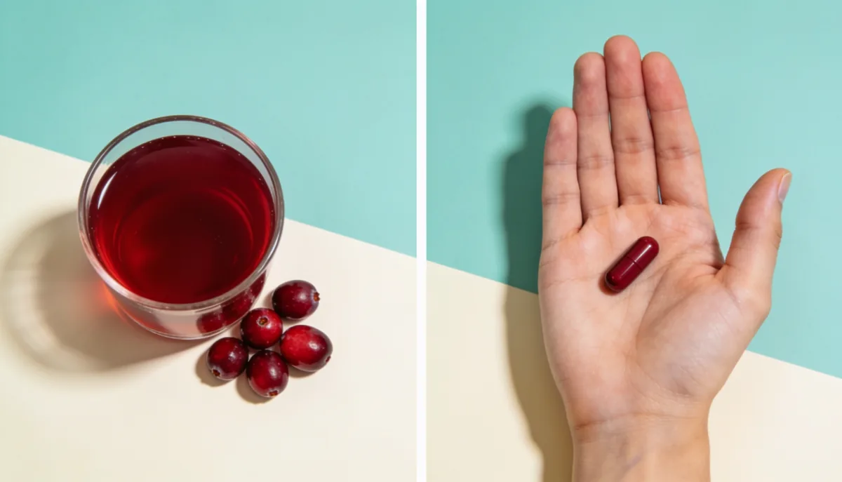 A cranberry capsule beside a glass of cranberry juice side by side comparison