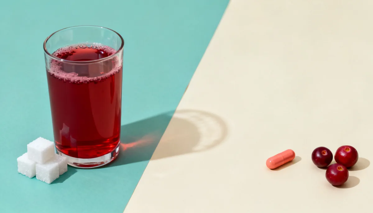 Sweetened cranberry juice with sugar cubes versus a sugar-free cranberry capsule