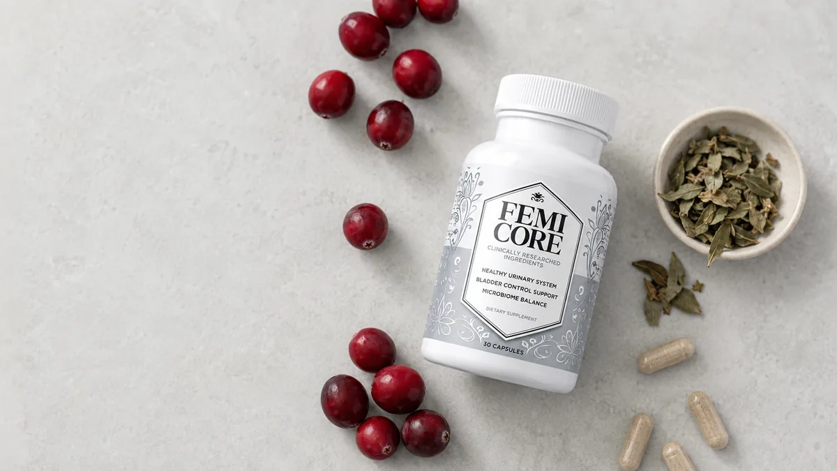 FemiCore bottle with real cranberries, bearberry, and capsules showing the actual formula