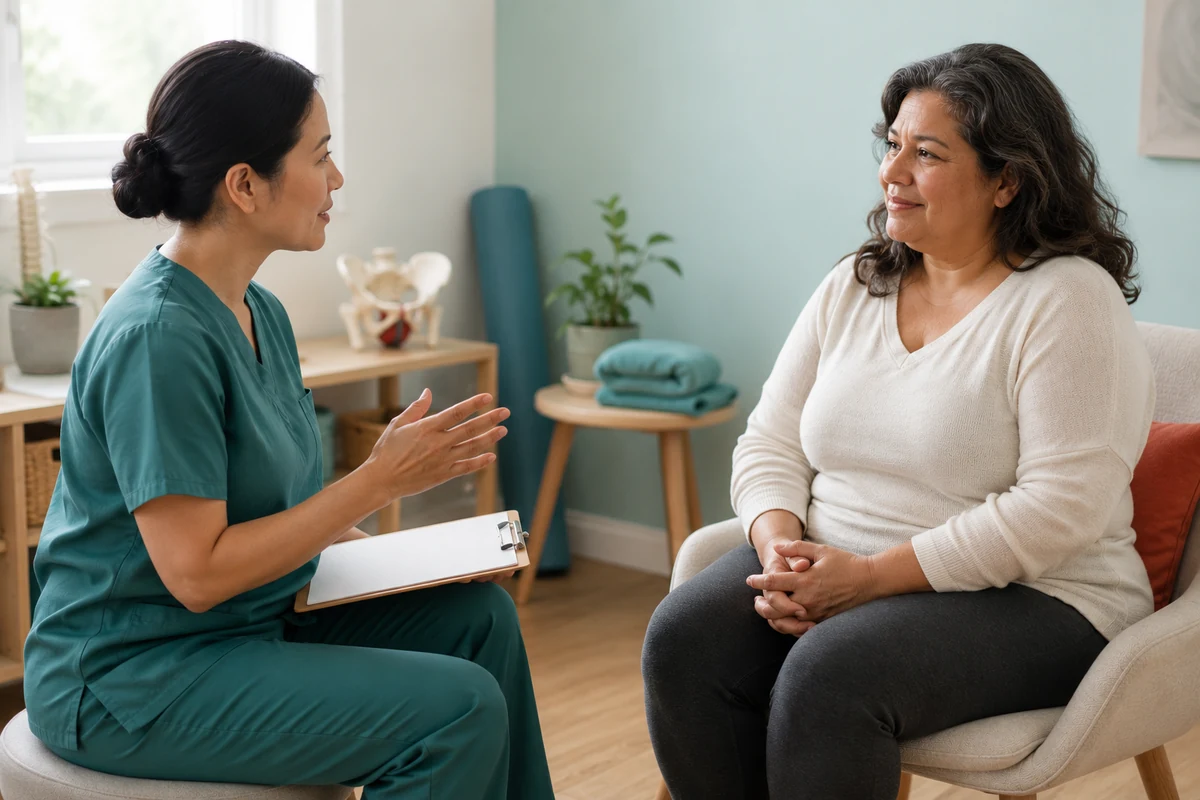 woman talking with a pelvic floor physical therapist about what to expect 2026