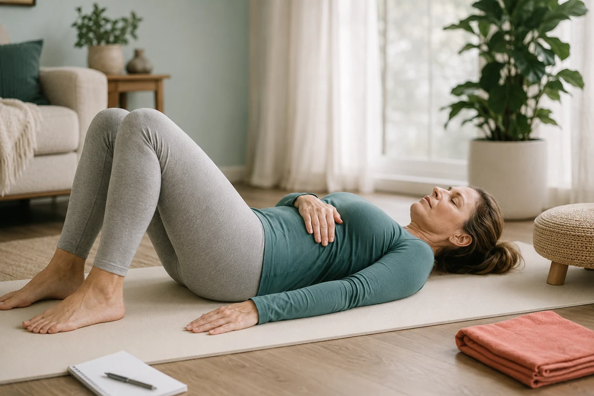 woman doing gentle pelvic floor therapy home exercises on a mat 2026