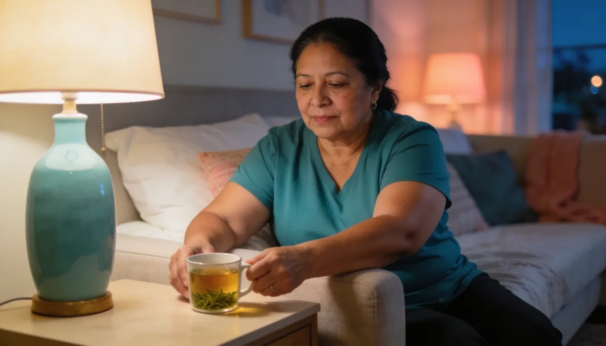 Woman with herbal tea easing evening fluids for bladder 2026