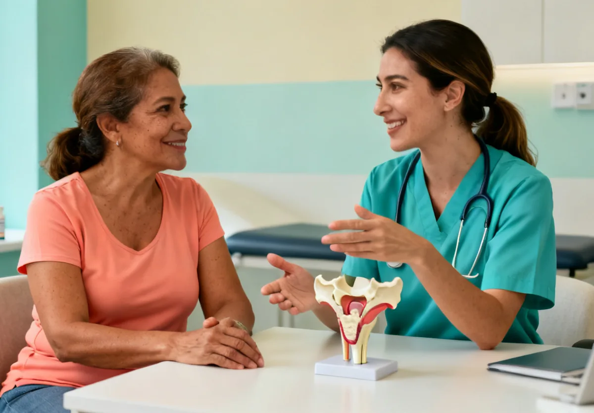 Woman consulting a pelvic floor physical therapist about Kegels for bladder leaks