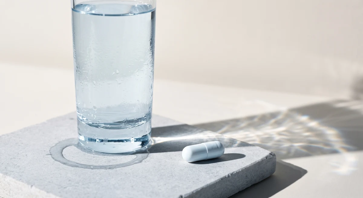 A full glass of water beside a probiotic capsule, the usual reason for more bathroom trips
