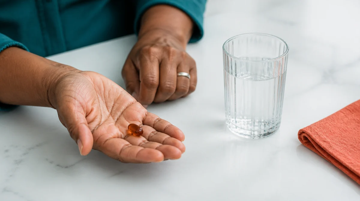 Woman holding a single supplement capsule beside a glass of water