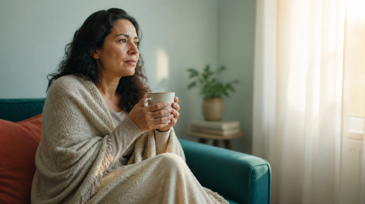 Woman wrapped in a blanket with a warm mug, tired and feeling cold