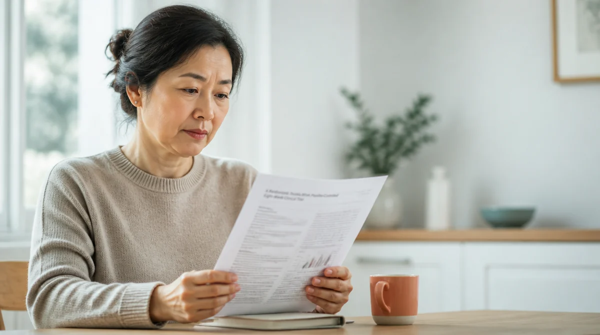 Woman reading the Urox bladder control clinical trial at her kitchen table