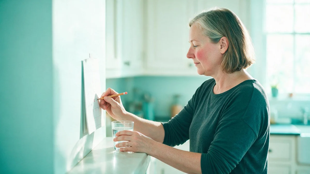 Woman tracking eight weeks of bladder symptoms on a kitchen calendar