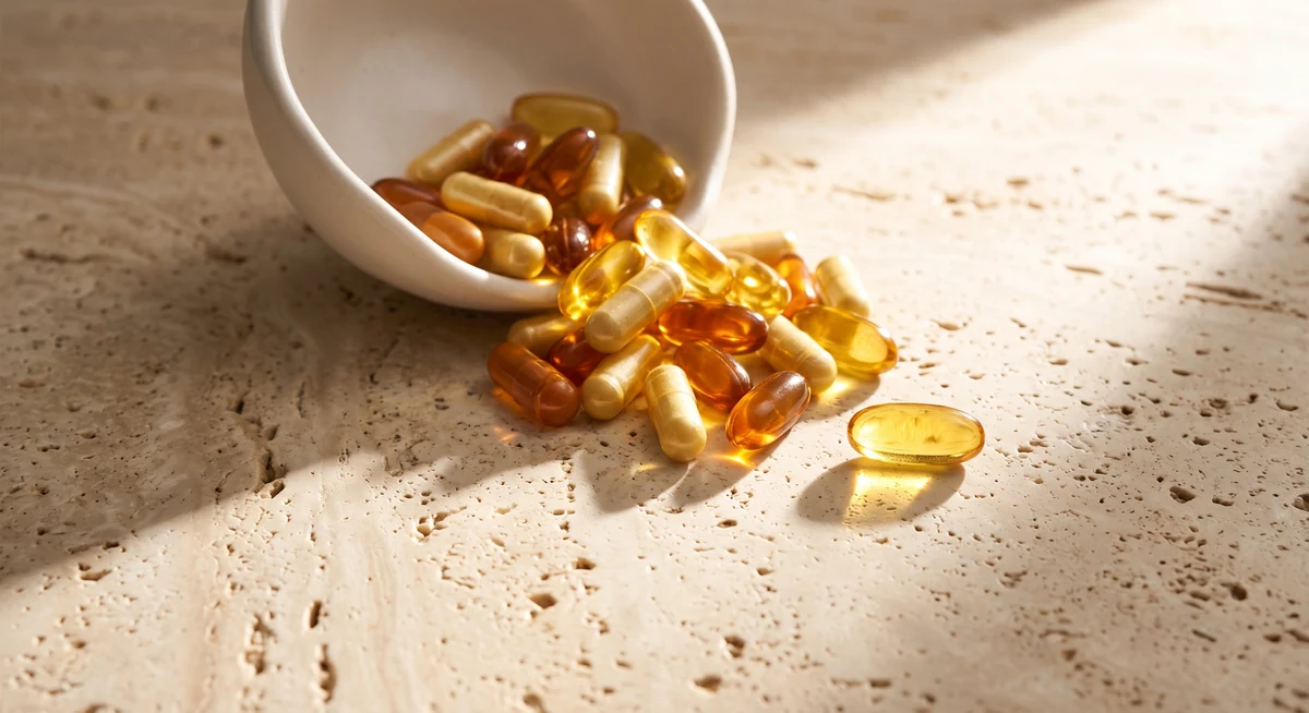 Vitamin D softgel capsules spilling from a dish in warm sunlight