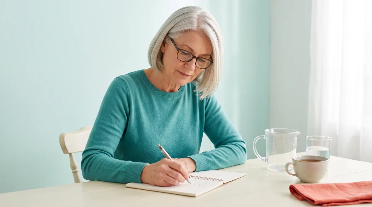 Woman in her sixties writing in a bladder diary notebook at a kitchen table in the morning