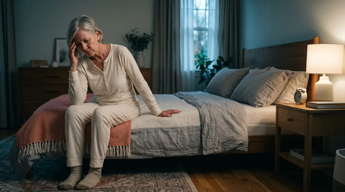 Adult bedwetting in women: woman in her fifties sitting on the edge of her bed at dawn looking tired