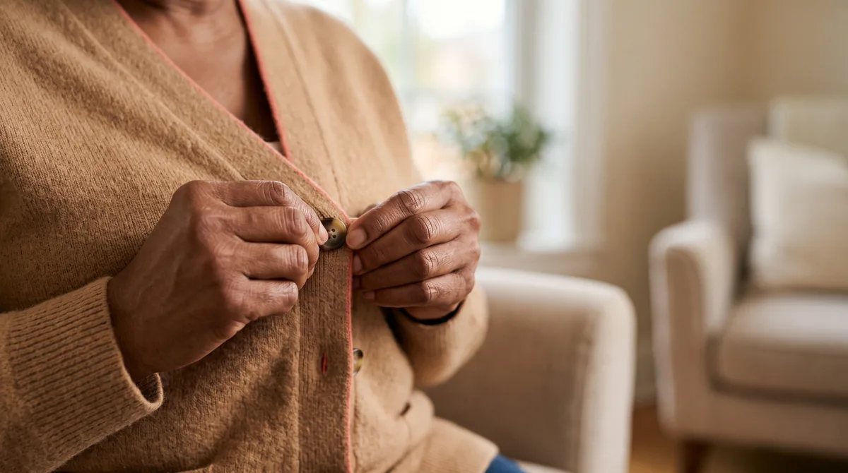 Close-up of hands with stiff fingers working a clothing button