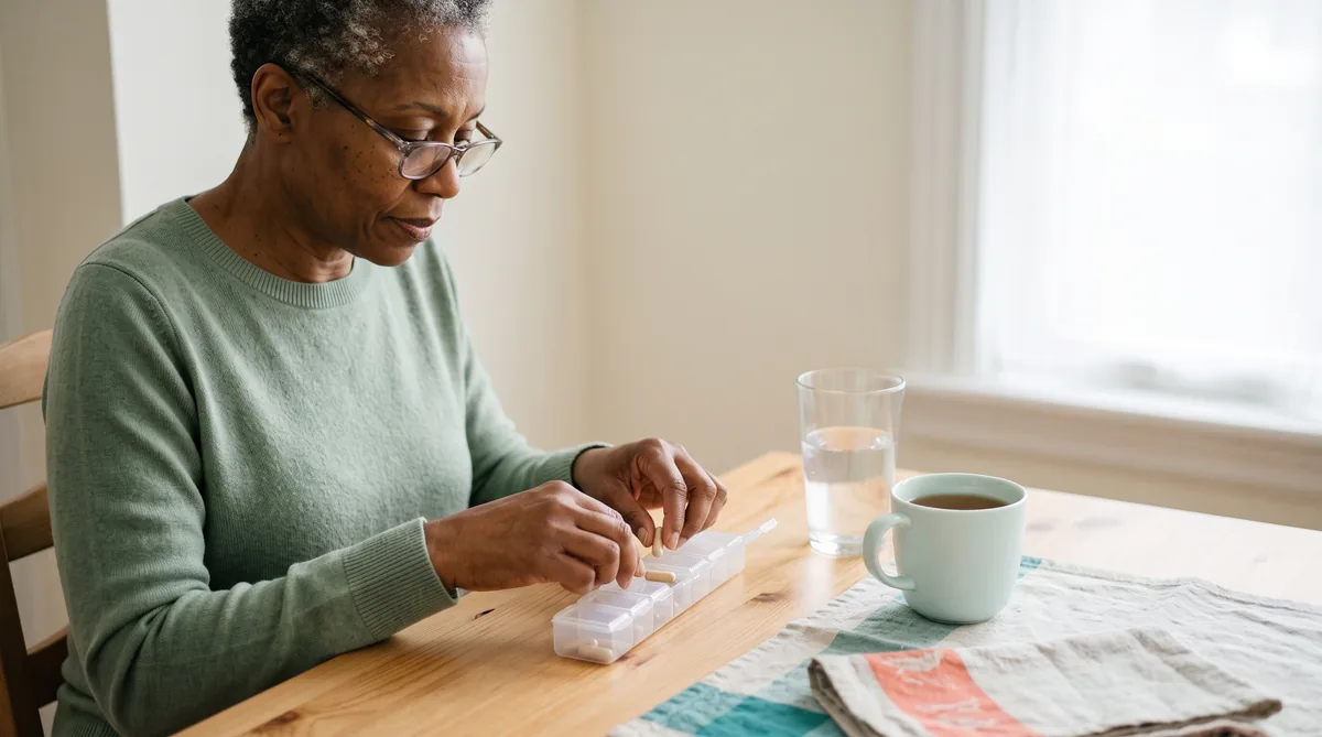 AZO Bladder Control reviews: woman in her fifties sorting two daily capsules into a weekly pill organizer at her kitchen table