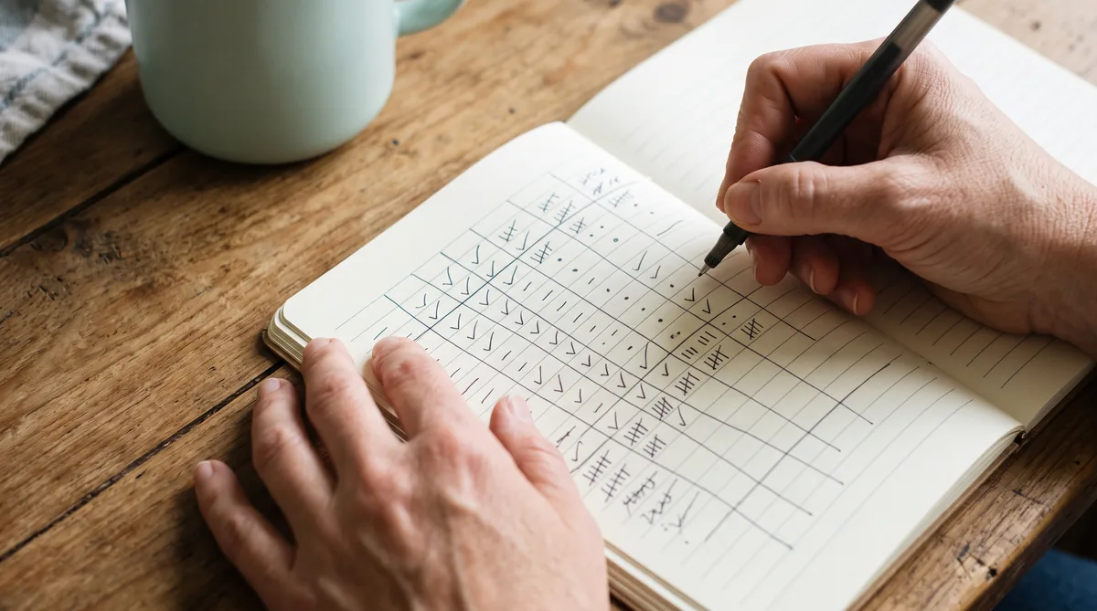Handwritten symptom log in a notebook, tracking bladder leaks across two menstrual cycles
