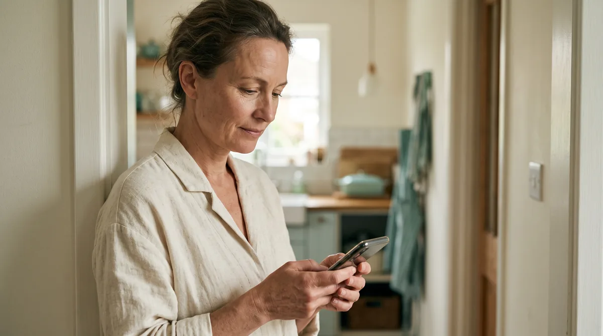 Woman in her forties checking her cycle on her phone, the week before her period