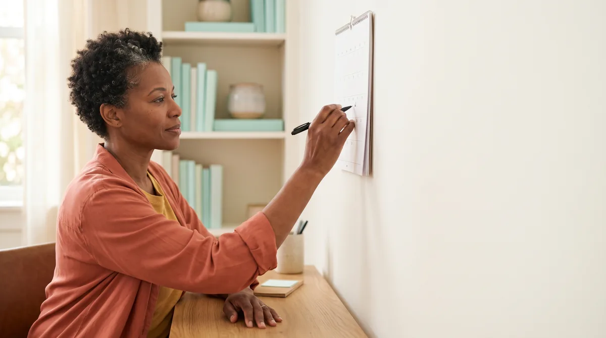 Woman marking a wall calendar to track her recovery week by week