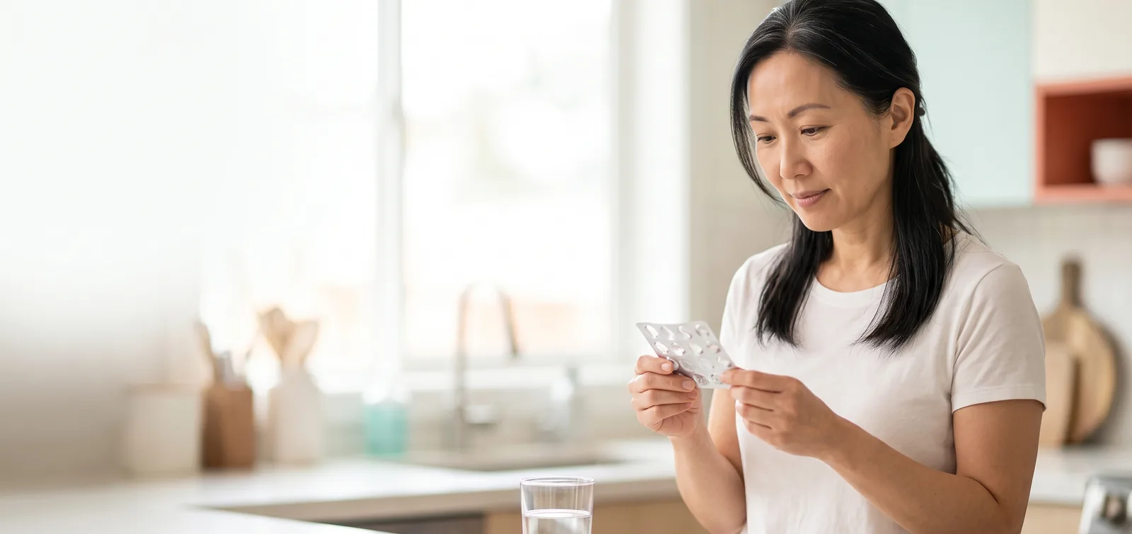 Bladder urgency after antibiotics: woman holding an antibiotic blister pack in her kitchen