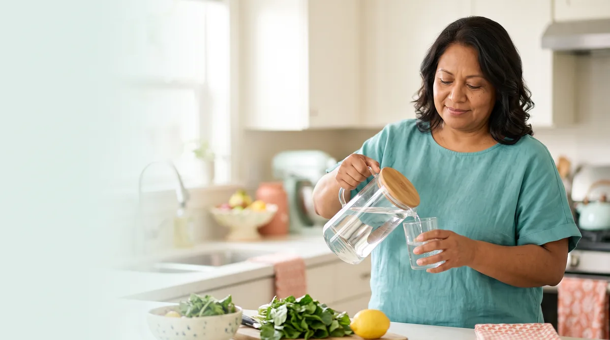Woman pouring a glass of water in her kitchen
