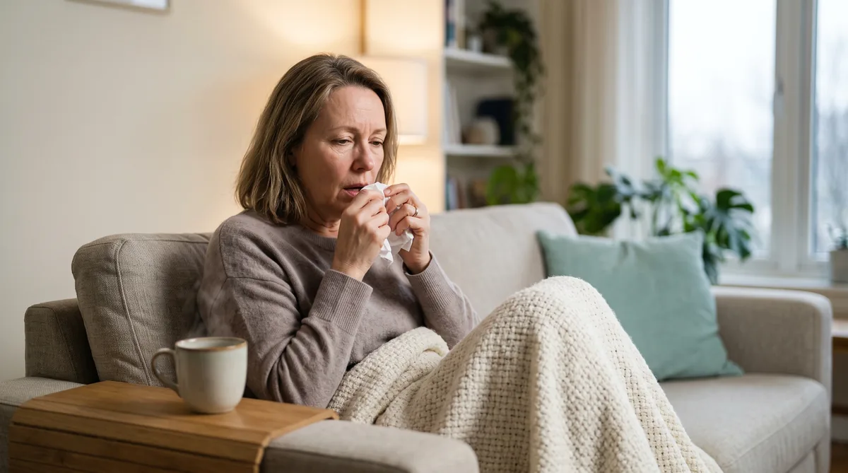 Woman with a winter cold holding a tissue, illustrating how coughing triggers stress incontinence