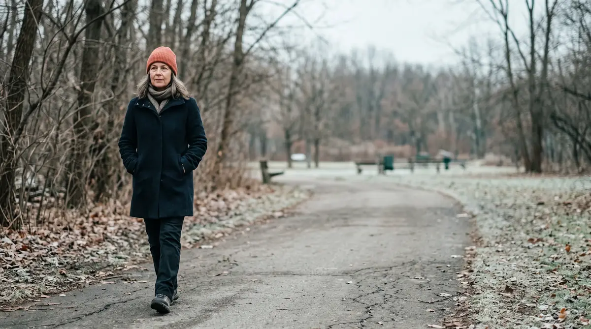 Woman in a winter coat and scarf walking outdoors on a cold day