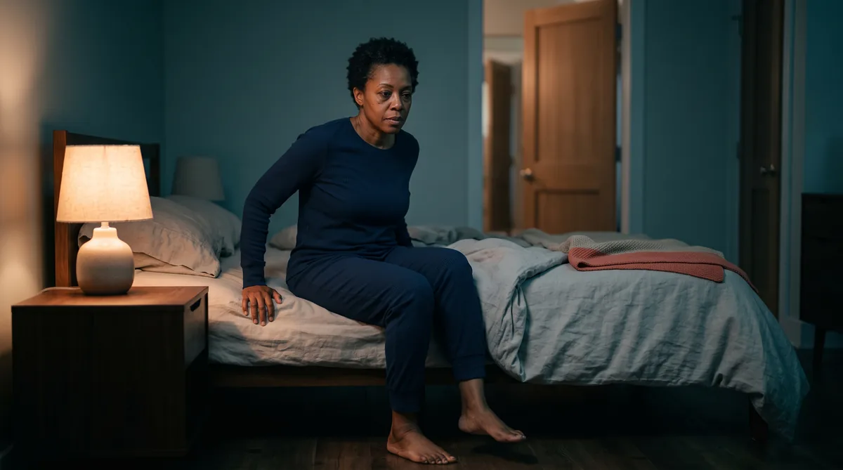 Woman in her fifties sitting up in bed at night, awake