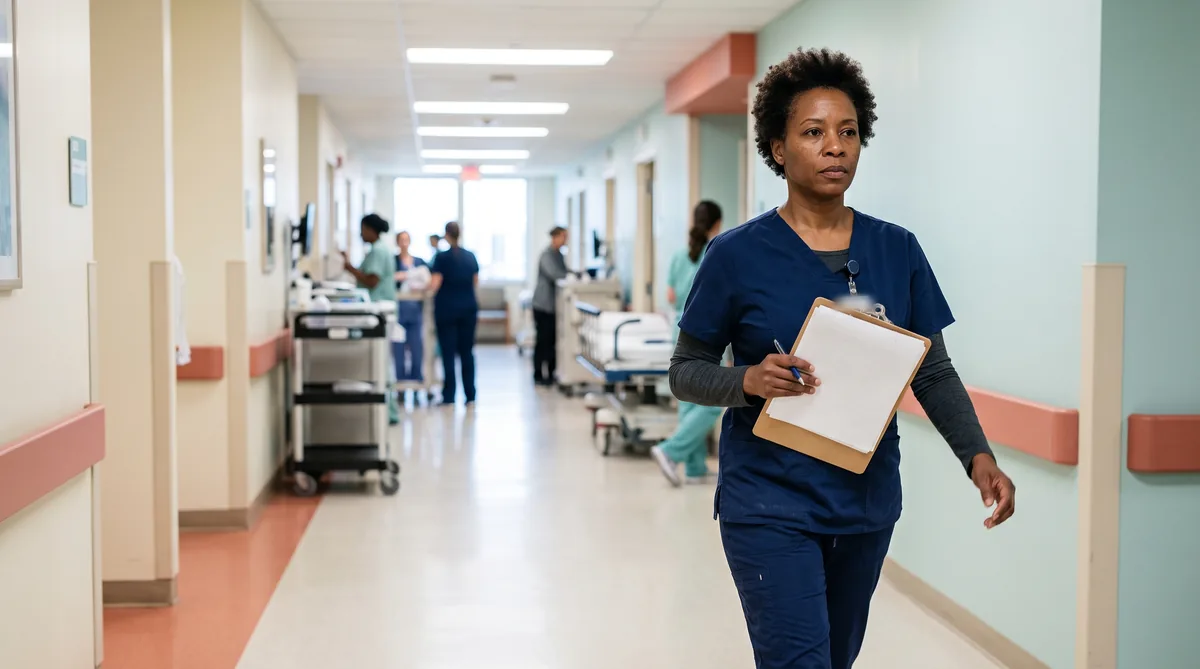 Holding your pee at work: nurse in her forties in scrubs walking quickly down a hospital corridor