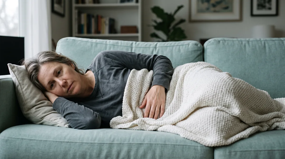 Woman curled up on a sofa during an IBS flare, when gut and bladder symptoms tend to arrive together