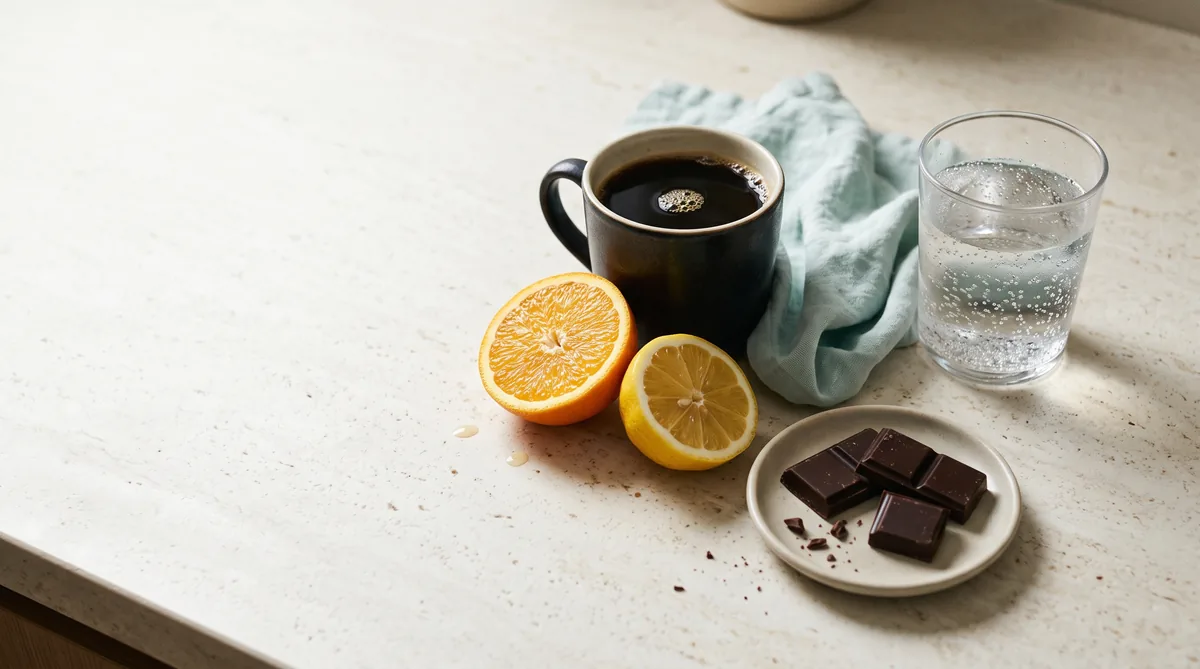 Coffee and citrus on a kitchen counter, trigger foods that appear on both the IBS and bladder irritant lists
