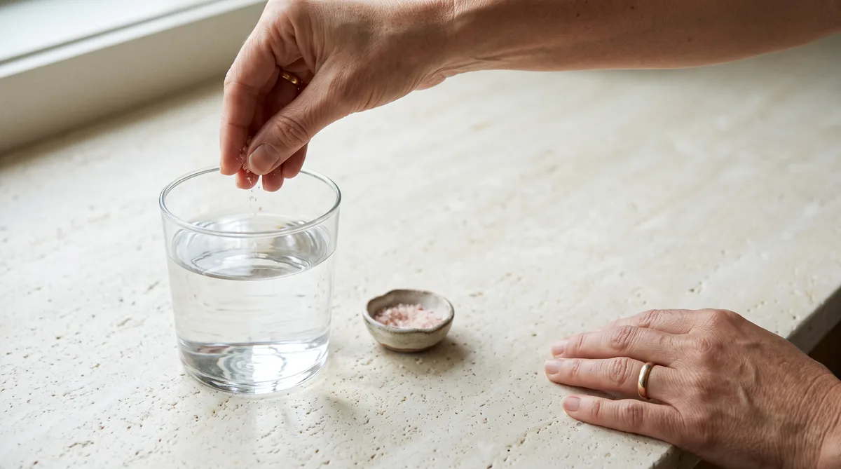 Glass of water with a pinch of mineral salt for electrolytes during a fasting window
