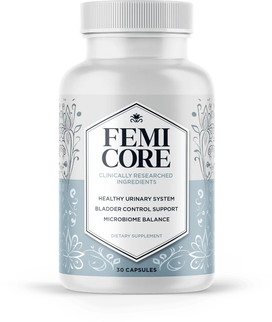 Single FemiCore bottle showing the supplement facts panel and label claims