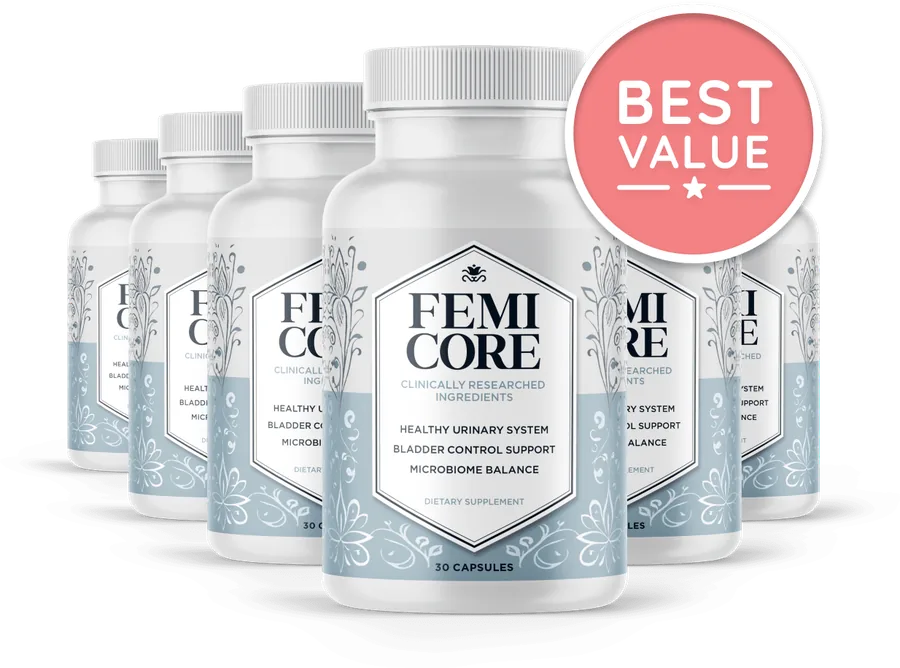 Six-bottle package of FemiCore with bonus guides