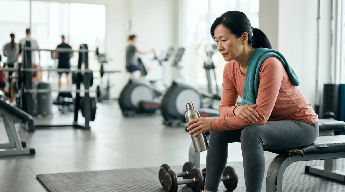 Woman in her fifties resting between sets on a gym bench with a water bottle