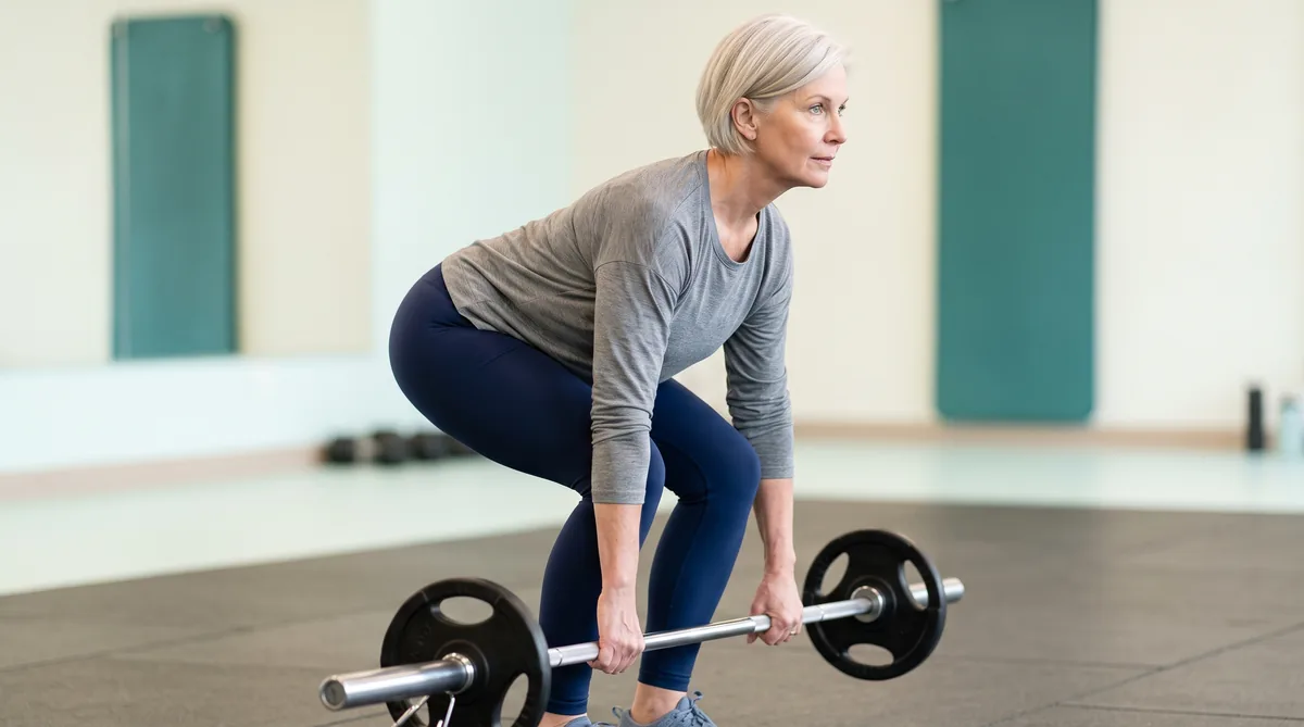 Leaking when lifting weights: woman in her fifties preparing to deadlift a moderate barbell in a bright gym