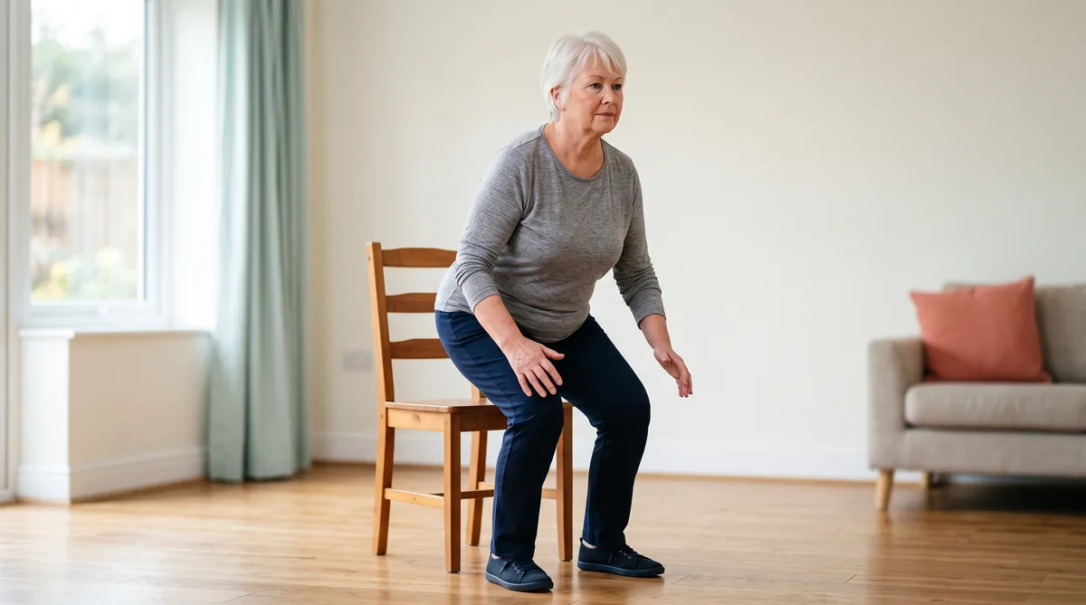 Woman in her sixties doing a sit-to-stand exercise from a kitchen chair at home