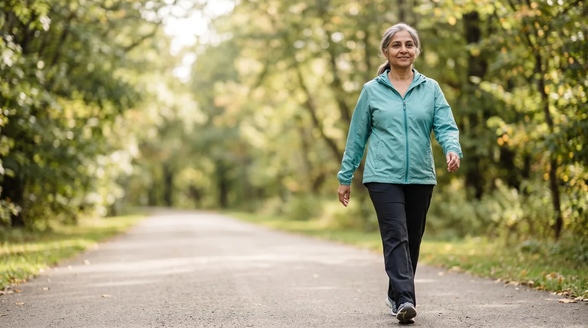 Woman in her sixties walking briskly outdoors on a tree-lined path