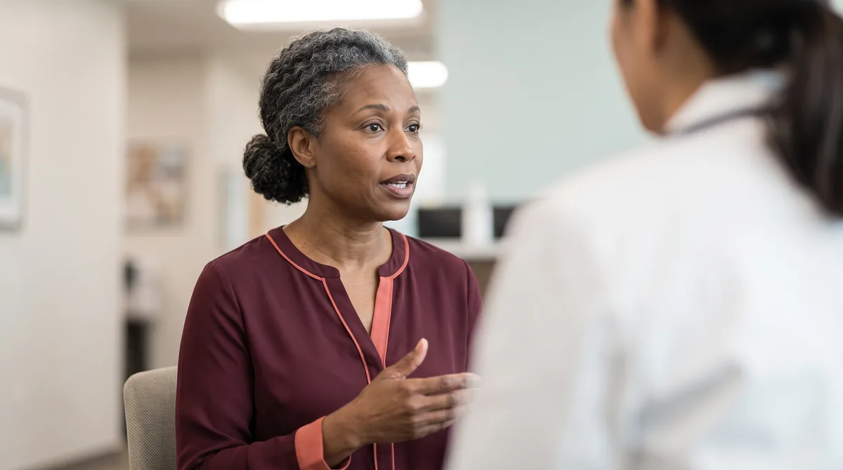 Woman describing her urinary symptoms to her doctor
